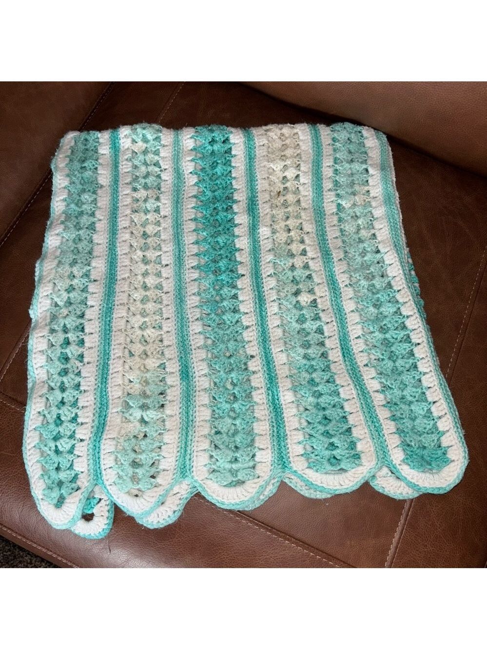 Striped Handmade Crochet Knotted Baby Blanket in Teal and Cream 33” x 35”